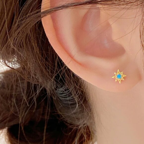 Opal Star Studs Blue opal Starburst Earrings North Star Studs Tiny Gold Studs - Picture 13 of 13